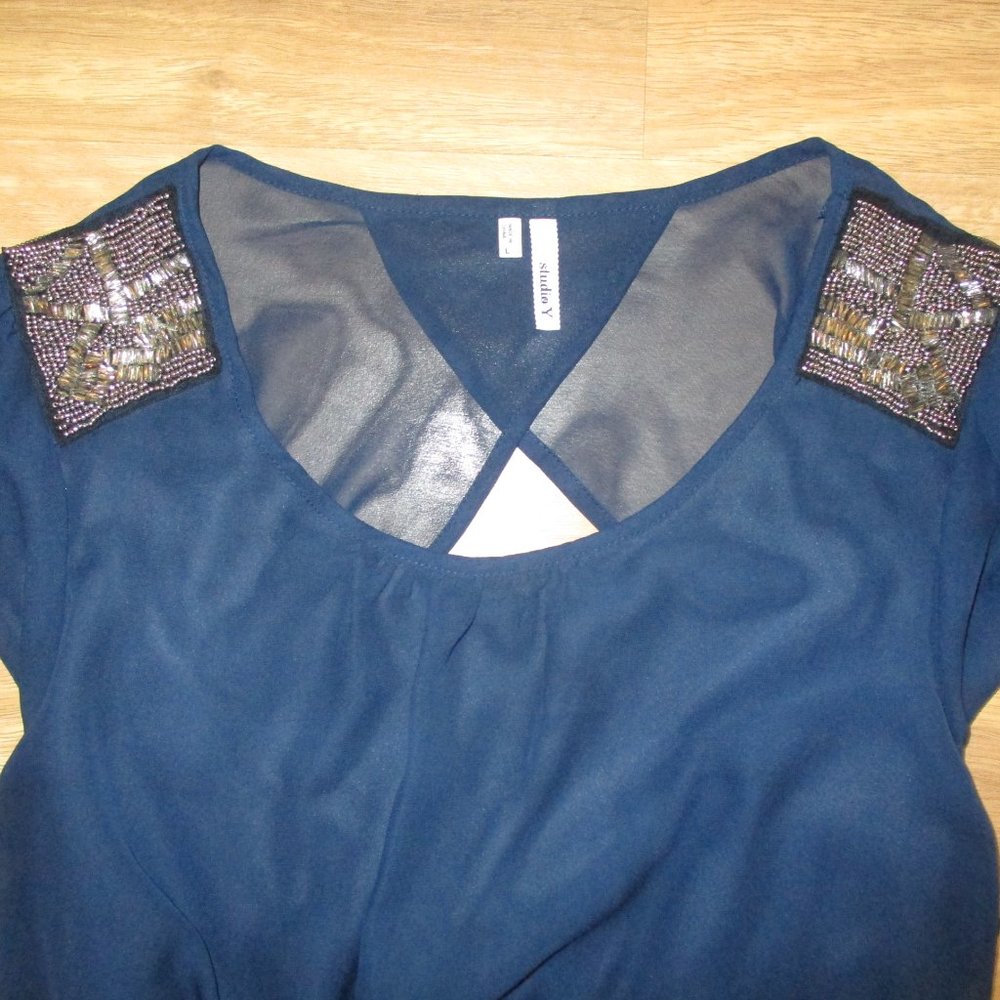 NWOT Navy Bling Keyhole Back Midi Dress L - Picture 2 of 4